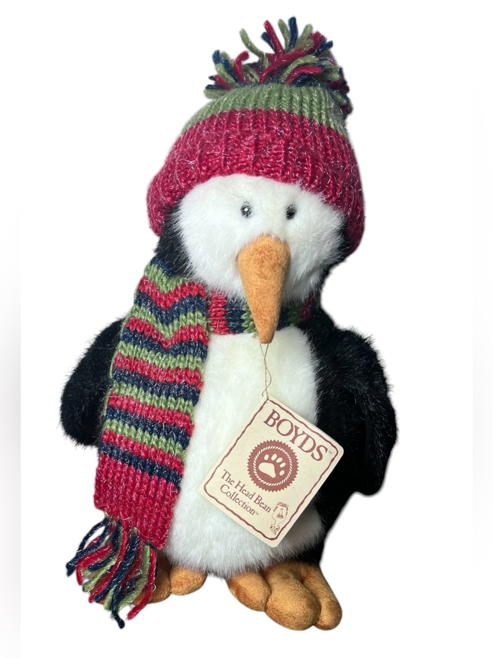 Plush Penguin with Red & Green Knit Hat and Scarf